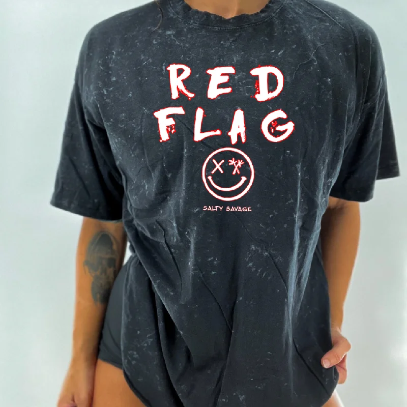 Salty Savage Unisex “RED FLAG" Oversized Tall Crew Tee Welt Pockets Slit Pockets