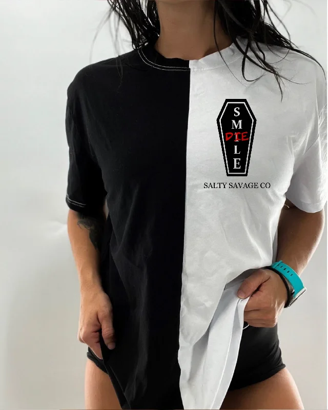 Salty Savage Unisex “SMILE | DIE Coffin” Two Tone Oversized Tee | Basic Fleece Nylon Spandex Salty Savage Unisex “SMILE | DIE Coffin” Two Tone Oversized Tee | Basic Fleece Nylon Spandex