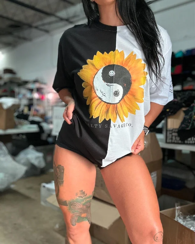 Salty Savage Unisex “Yin Yang Sunflower” Two Tone Oversized Tee Rayon Velvet Corduroy Salty Savage Unisex “Yin Yang Sunflower” Two Tone Oversized Tee Rayon Velvet Corduroy