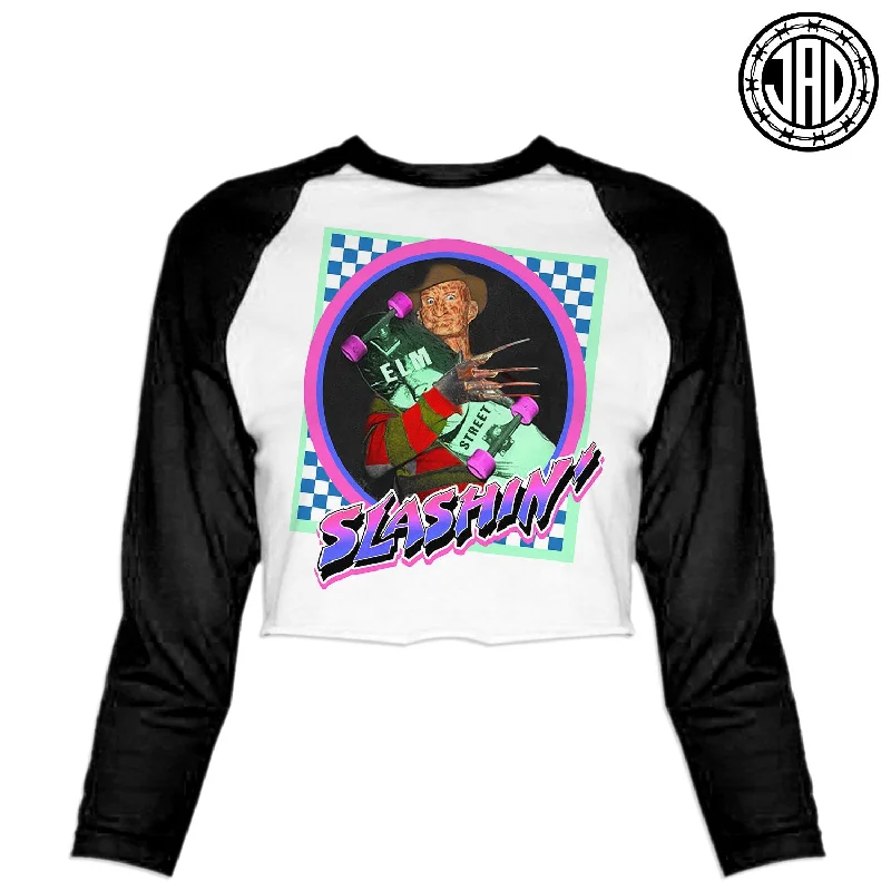 Slashin Fred - Women's Cropped Baseball Tee Striped Floral Plaid