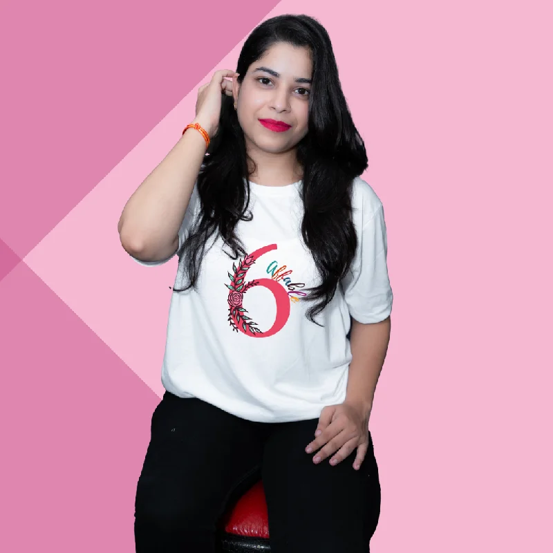 "Spread Happiness with Our 'Number 6' Affable Printed Women's White T-Shirt" Embroidered Appliqued Beaded "Spread Happiness with Our 'Number 6' Affable Printed Women's White T-Shirt" Embroidered Appliqued Beaded
