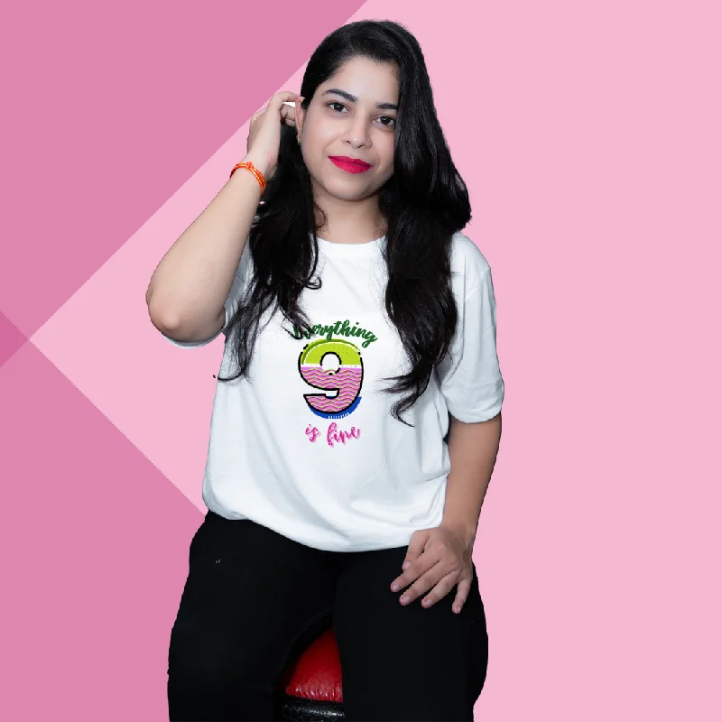 "Stay Calm and Confident with Our 'Number 9' Everything is Fine Printed Women's White T-Shirt" Polka Dot Checkered Tartan