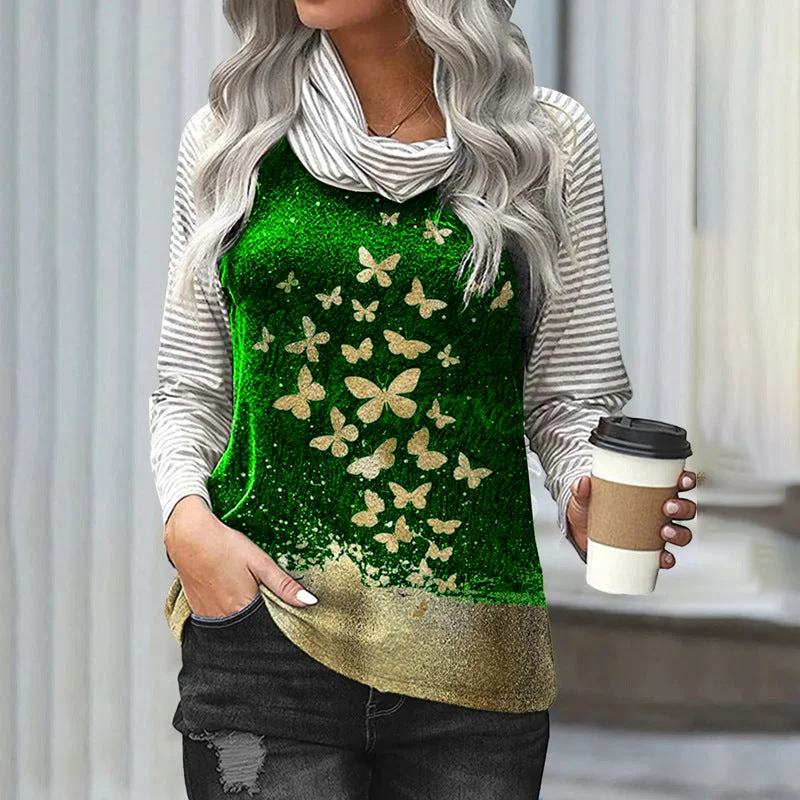 Stitching Long-sleeved Pile Neck Top Printed T-shirt Graphic Embroidered Appliqued