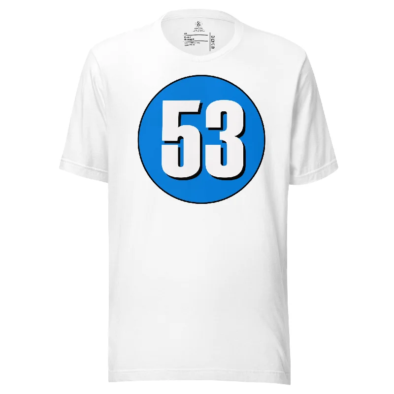 Unisex t-shirt: White on Blue 53 Front Pockets Side Pockets Patch Pockets