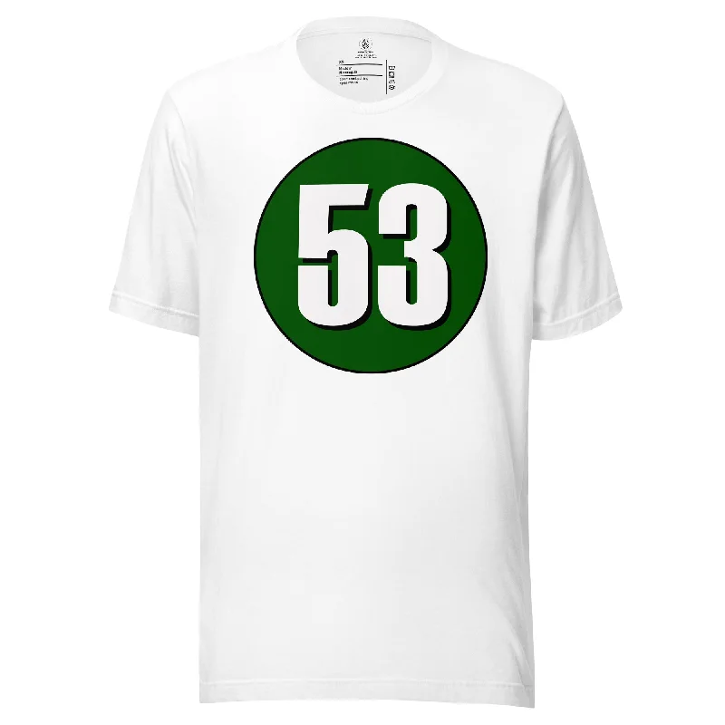 Unisex t-shirt: White on Hunter Green 53 Zippered Buttoned Snapped