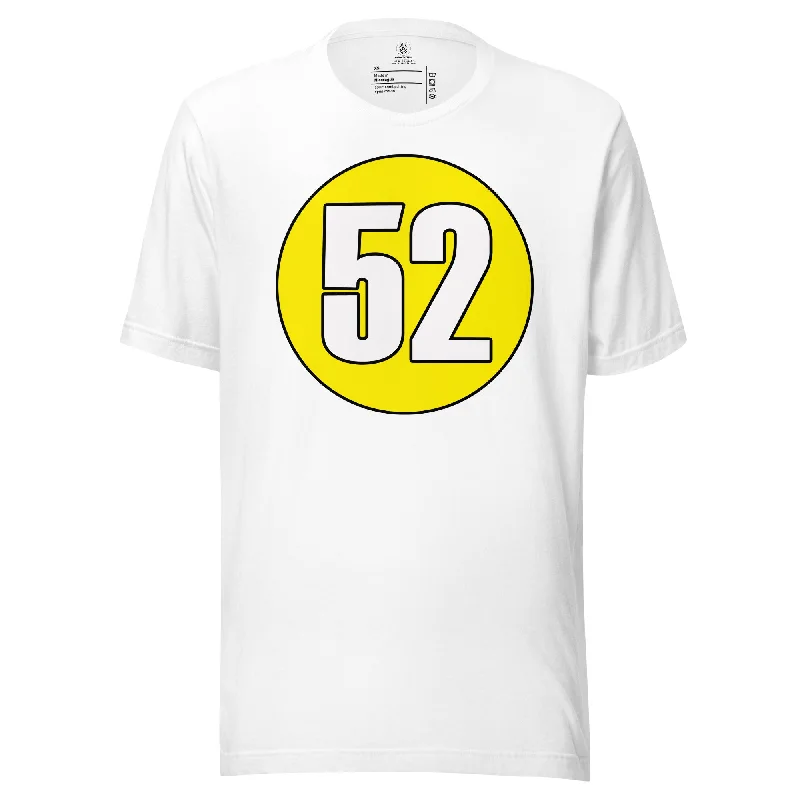 Unisex t-shirt: White on Yellow 52 Asymmetrical Pockets Print