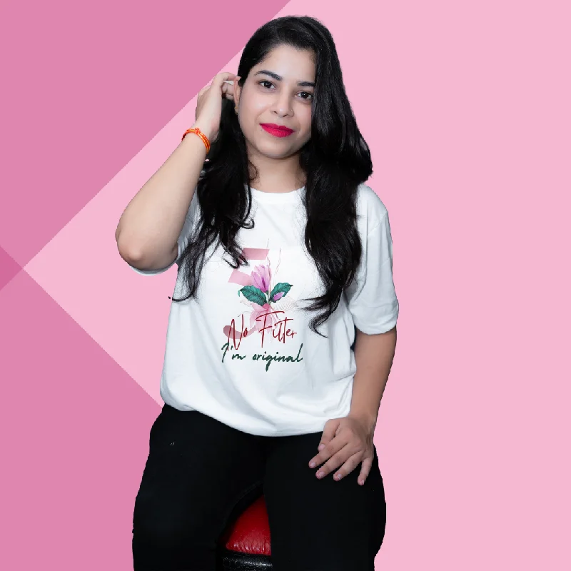 "Unleash Your Originality with Our 'Number 5' No Filter, I'm Original Printed Women's White T-Shirt" Rayon Fabric Velvet Fabric Corduroy Fabric "Unleash Your Originality with Our 'Number 5' No Filter, I'm Original Printed Women's White T-Shirt" Rayon Fabric Velvet Fabric Corduroy Fabric