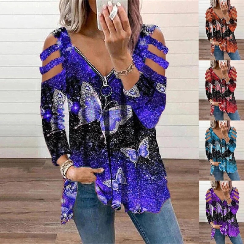V-Neck Butterfly Print Zipper Long Sleeve T-Shirt Top Print Jacquard Patchwork