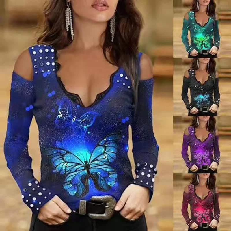 V-neck Lace Long-sleeved Butterfly Print Gradient T-shirt Machine Wash Dry Clean Hand Wash V-neck Lace Long-sleeved Butterfly Print Gradient T-shirt Machine Wash Dry Clean Hand Wash