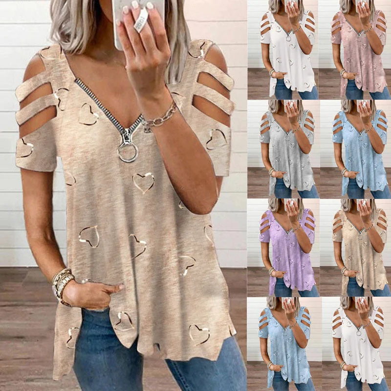 V-neck Zipper Printing Short-sleeved Loose Casual T-shirt Women's Top Beaded Sequined Faux Fur