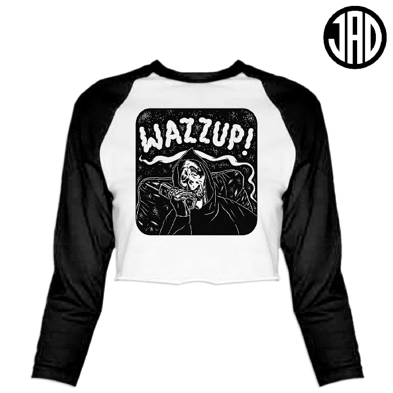 Wazzup - Women's Cropped Baseball Tee Graphic T-Shirt Round Neck Polyester