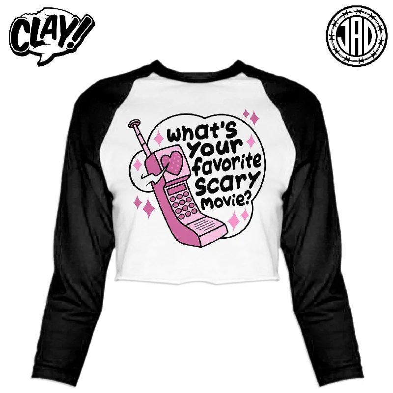 What's Your Favorite Scary Movie - Women's Cropped Baseball Tee Nylon Fabric Polyester Fabric Spandex Fabric What's Your Favorite Scary Movie - Women's Cropped Baseball Tee Nylon Fabric Polyester Fabric Spandex Fabric