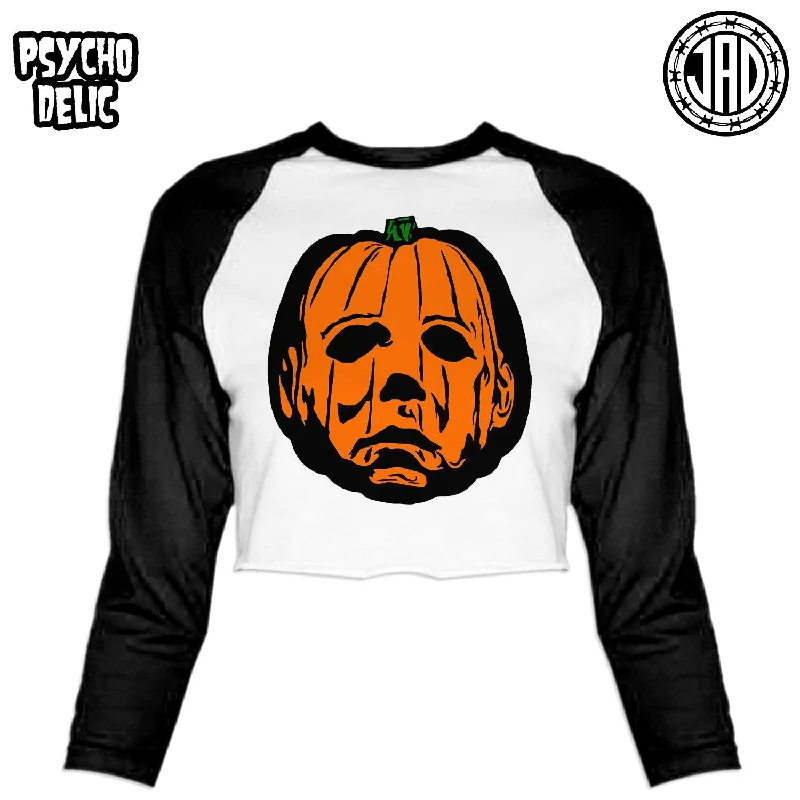 Jack O' Lantern - Women's Cropped Baseball Tee Spandex Blend Rayon Blend Denim Blend