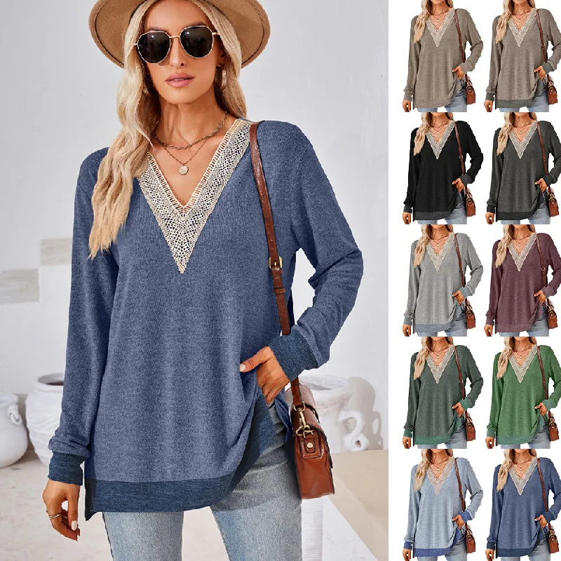 Women's Fashion V-neck Lace Solid Color Loose-fitting T-shirt Top Oversized T-Shirt Spandex breathable Women's Fashion V-neck Lace Solid Color Loose-fitting T-shirt Top Oversized T-Shirt Spandex breathable