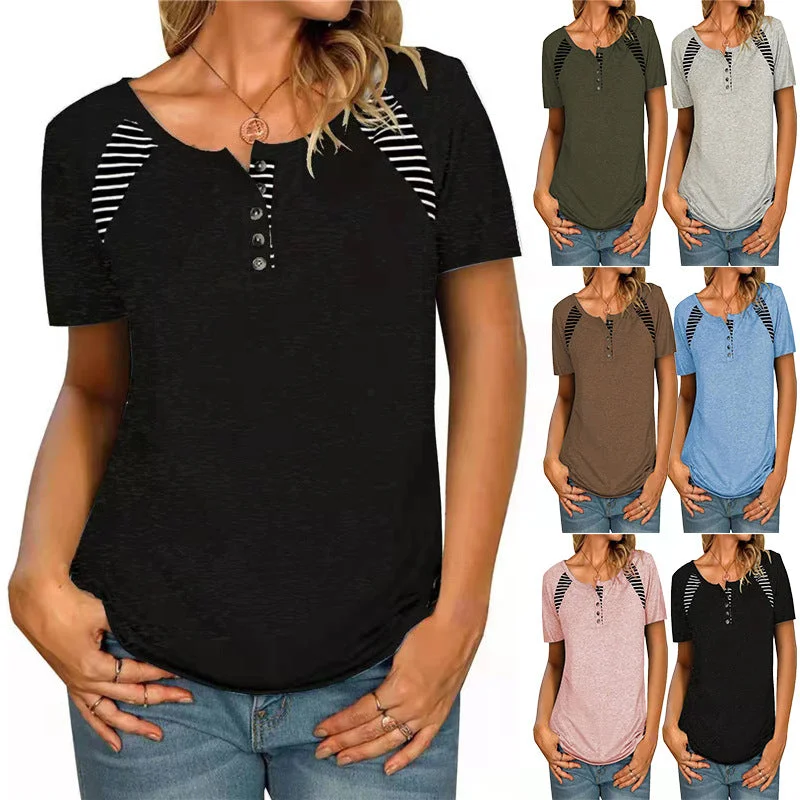 Womens Short Sleeve Printed Striped Casual TShirt Top Solid Color Striped Floral
